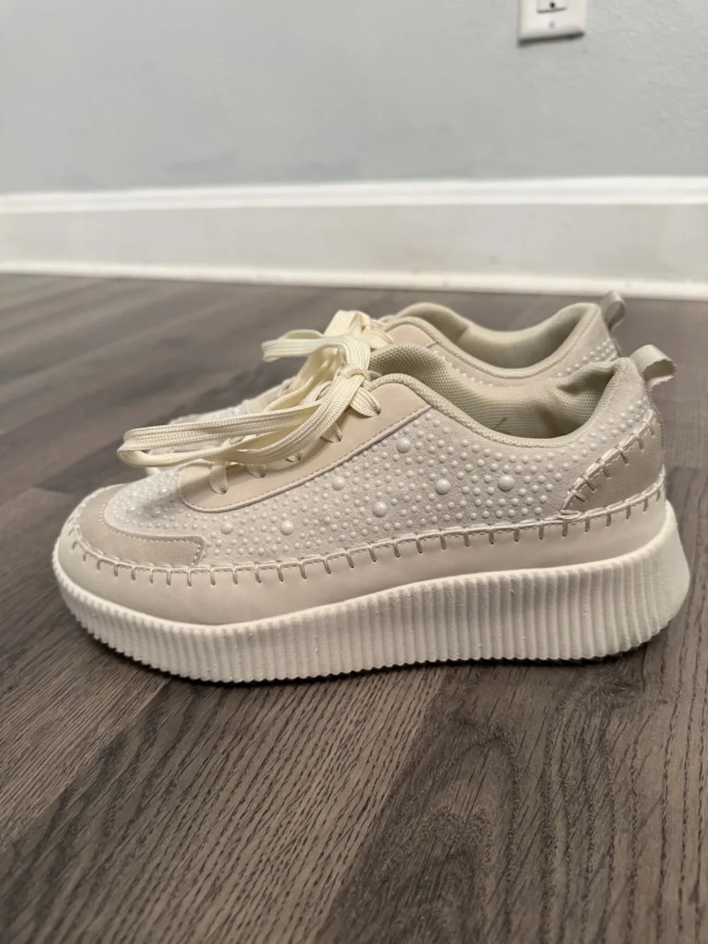 Nicole Miller Cream Beaded Platform Sneakers